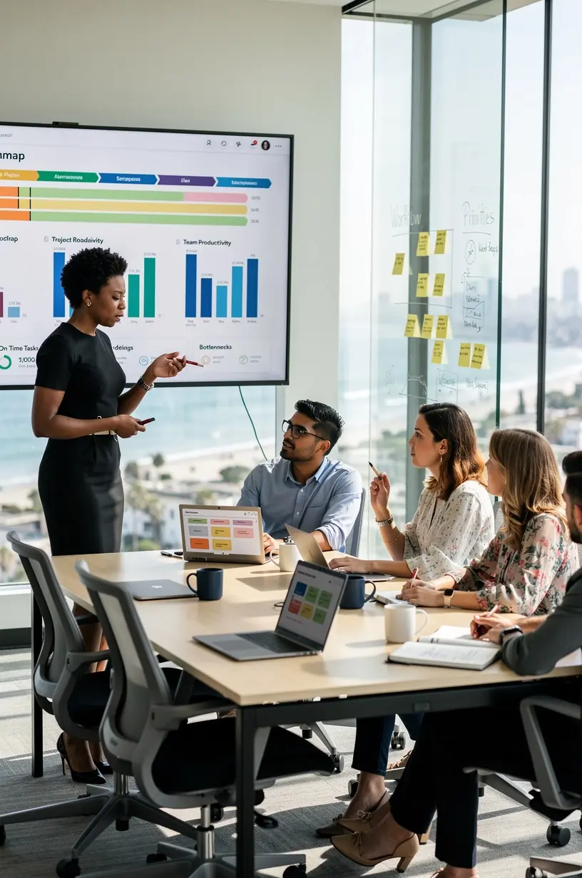 Professional workspace with a laptop, notebook, and calendar illustrating effective time management strategies.